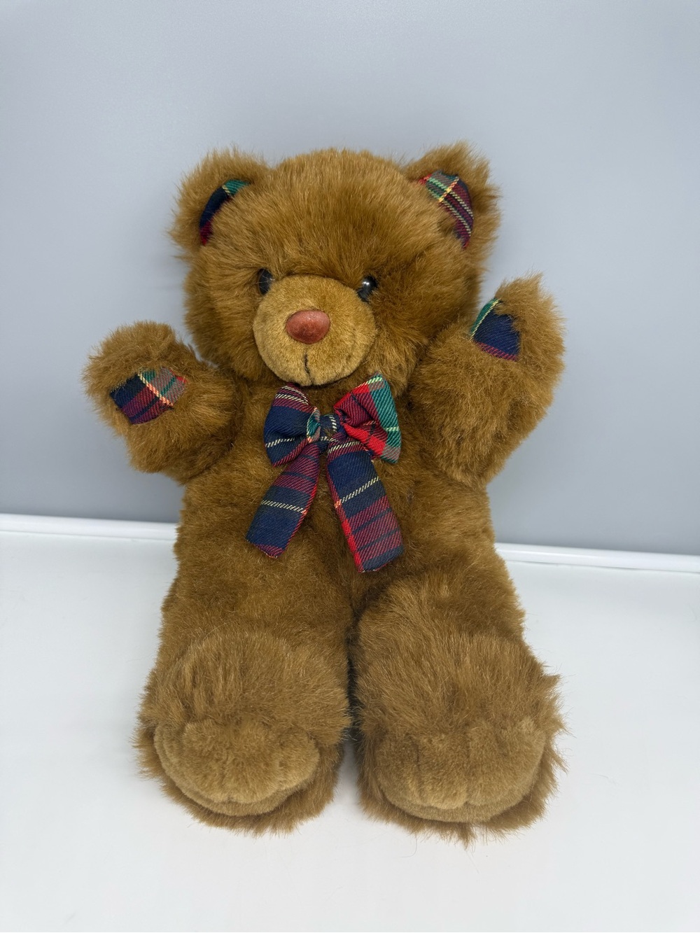 Vintage Hoi-Tai plush teddy bear featuring plaid bow tie & matching accents